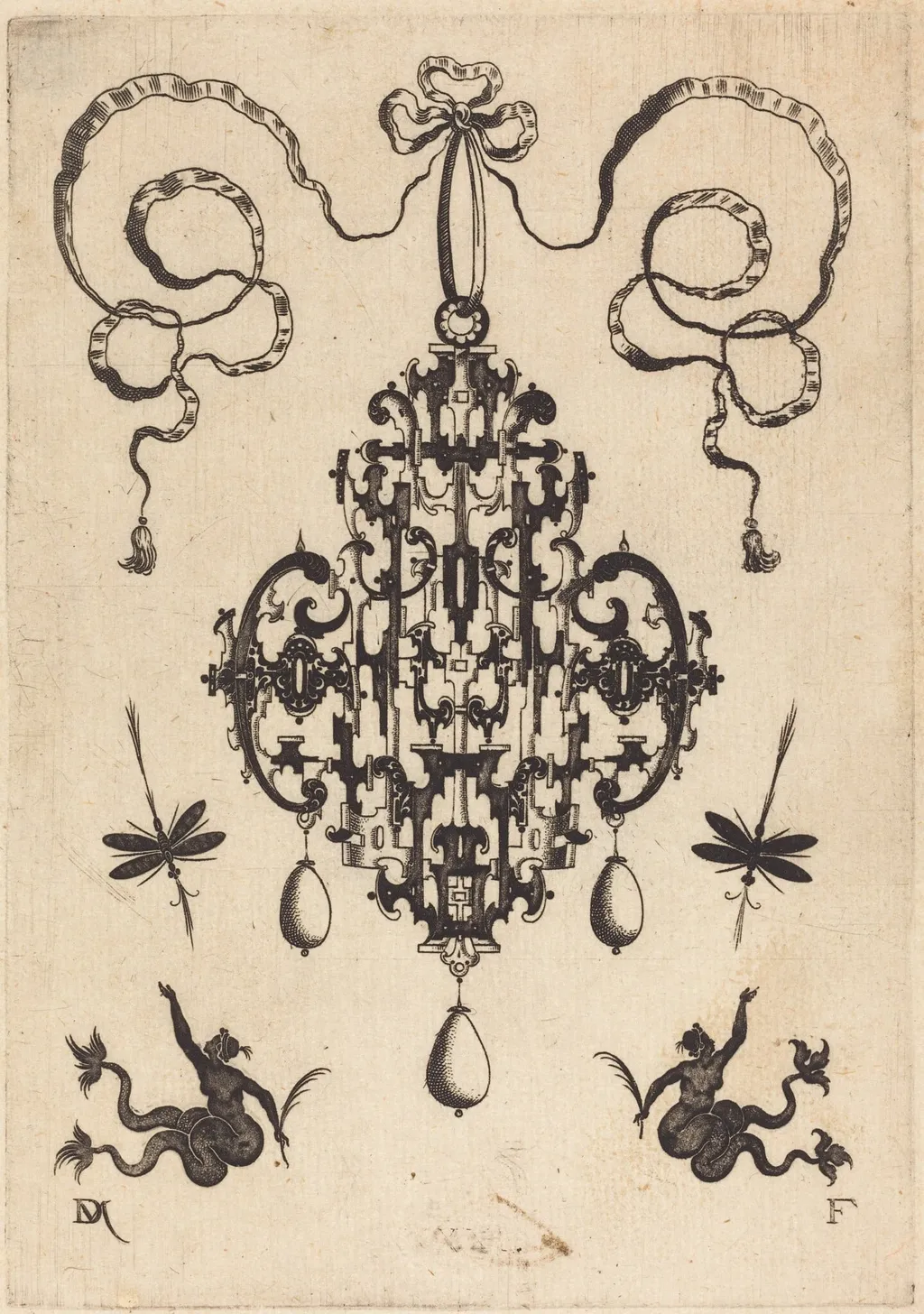 Large Pendant, Lower Left and Right Two Creatures of the Sea, by Daniel Mignot, ink, 1596