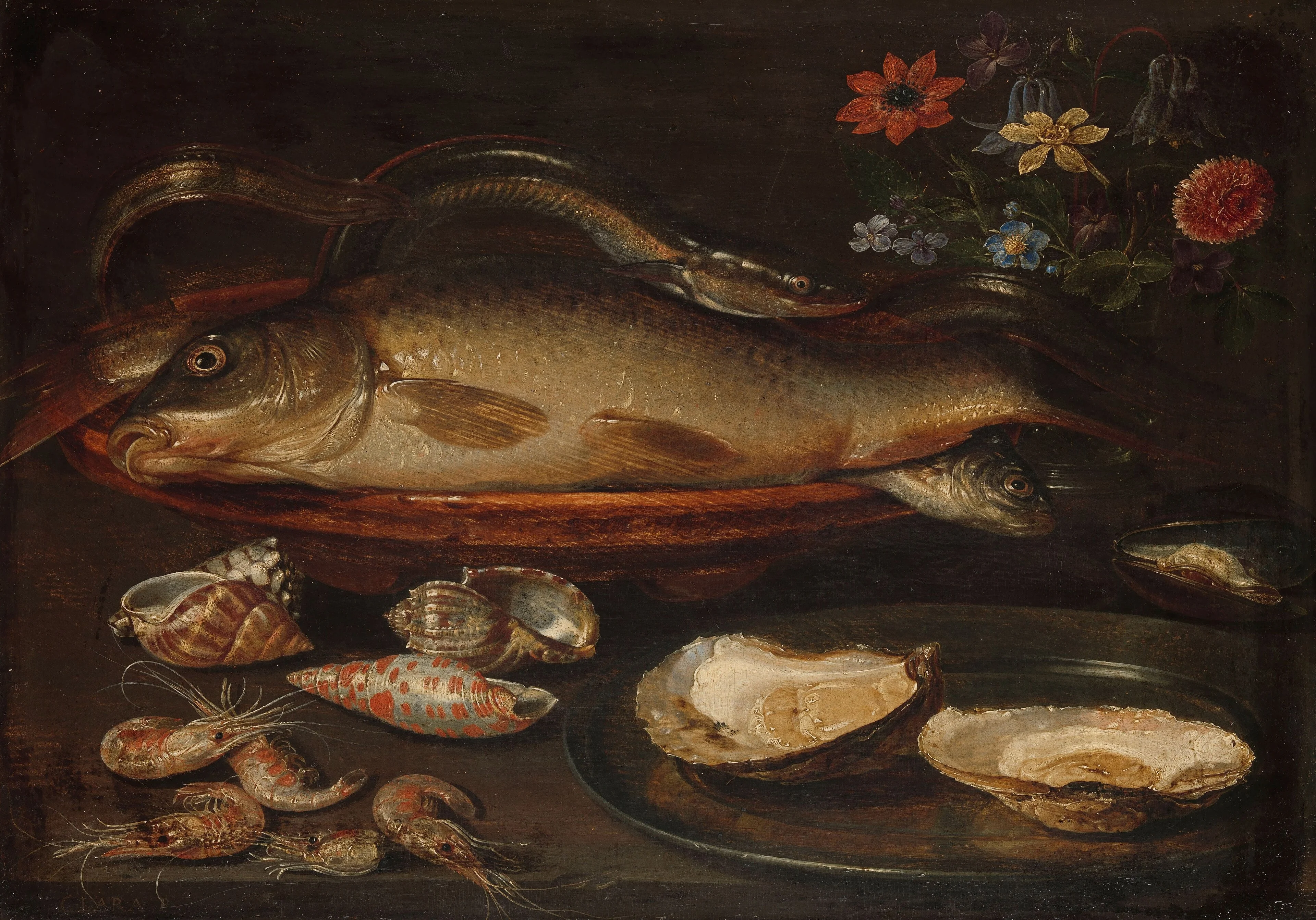 Still life with fish, oysters and shrimps, detail