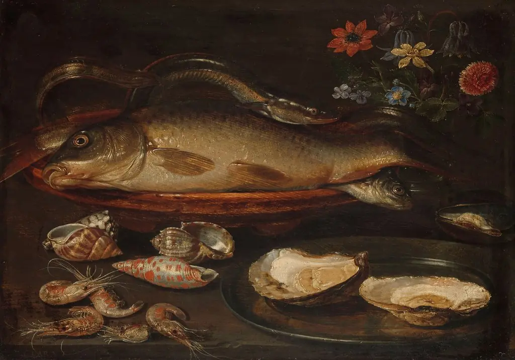 Still life with fish, oysters and shrimps, by Clara Peeters, oil, 1600