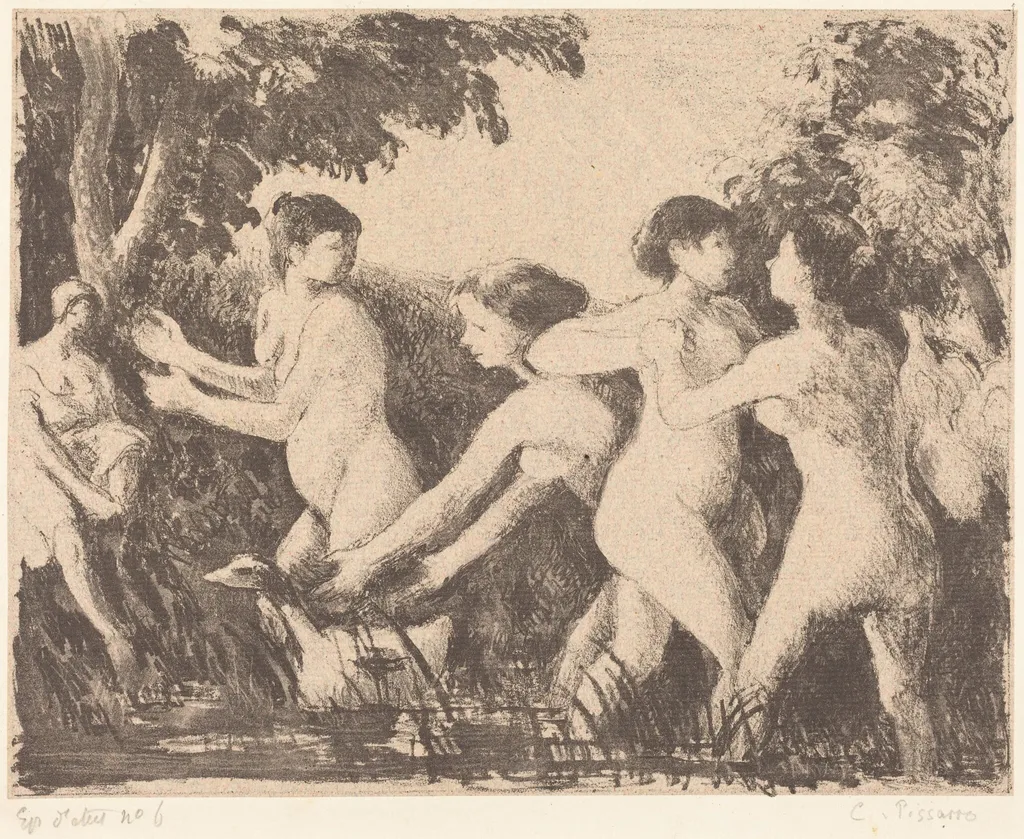 Baigneuses luttant (Bathers Wrestling), by Camille Pissarro, ink, 1896