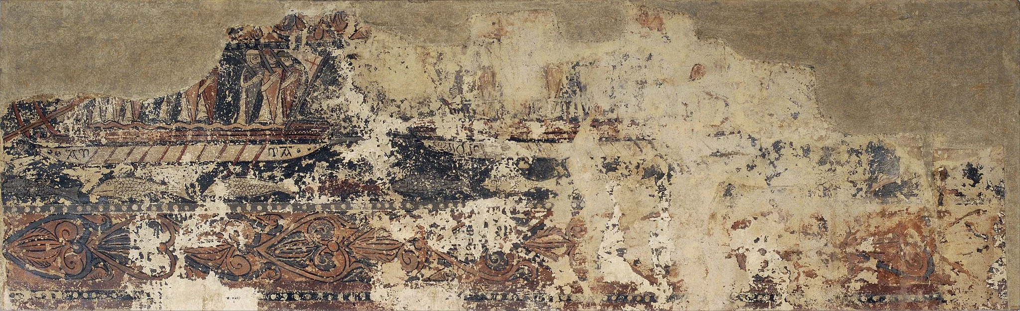 Naval battle between a Christian galley and a Saracen galley, profane paintings from Sigena, detail