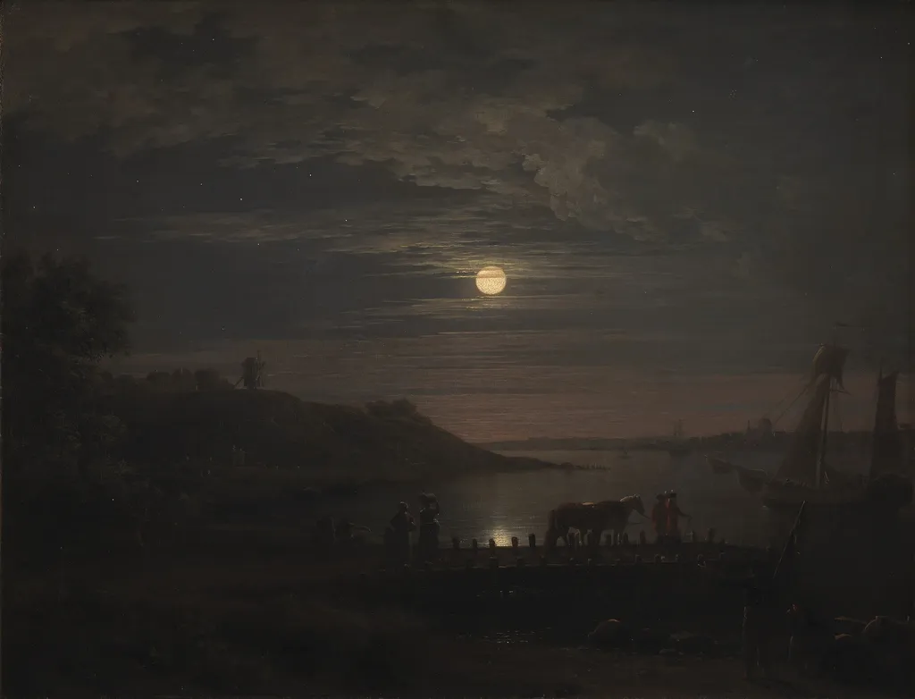 The Crossing over the Little Belt at Snoghøj. Moonrise, by Jens Juel, oil, 1794