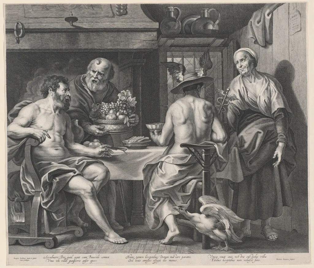 Jupiter and Mercury Entertained by Philemon and Baucis, by Nicolaes Lauwers, ink, 1644