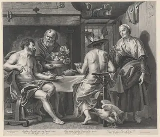 Jupiter and Mercury Entertained by Philemon and Baucis, by Nicolaes Lauwers, ink, 1644
