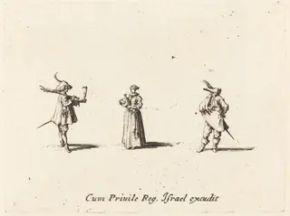 Lady with Wine Bottle, and Two Gentlemen, by Jacques Callot, ink, 1634