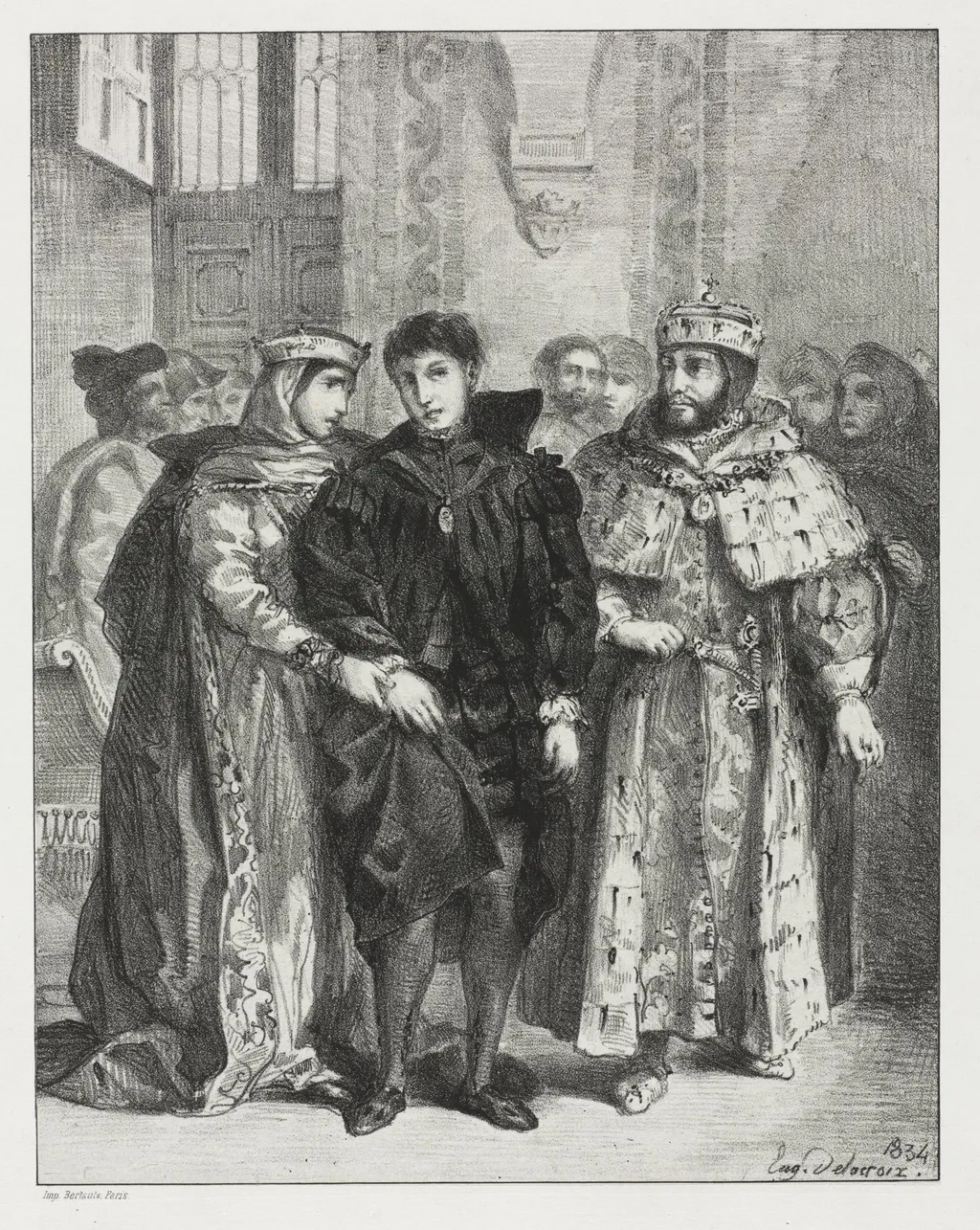 Hamlet:  The Queen Endeavors to Console Hamlet, by Eugène Delacroix, 1834