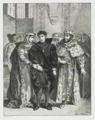 Hamlet:  The Queen Endeavors to Console Hamlet, by Eugène Delacroix, 1834