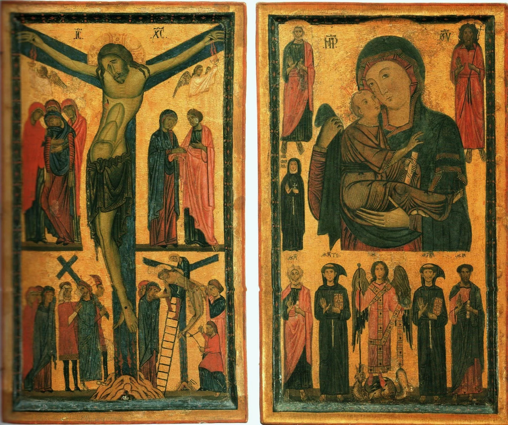 Diptych of crucifixion and Madonna and Child, detail
