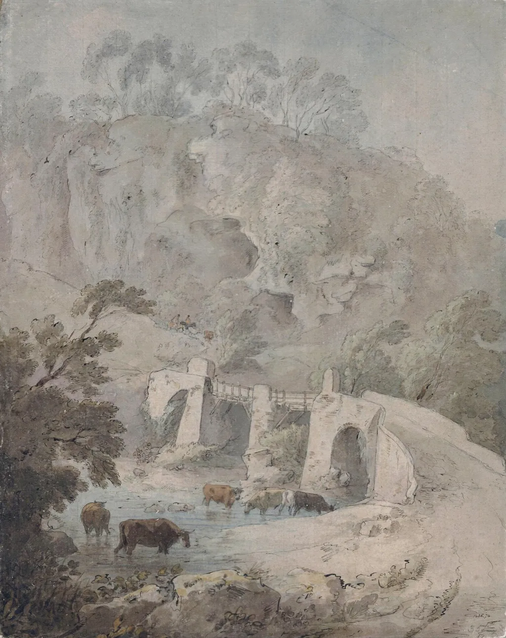 Cattle in a Stream: Bridge and Rocks, by Thomas Gainsborough, watercolor, 1755