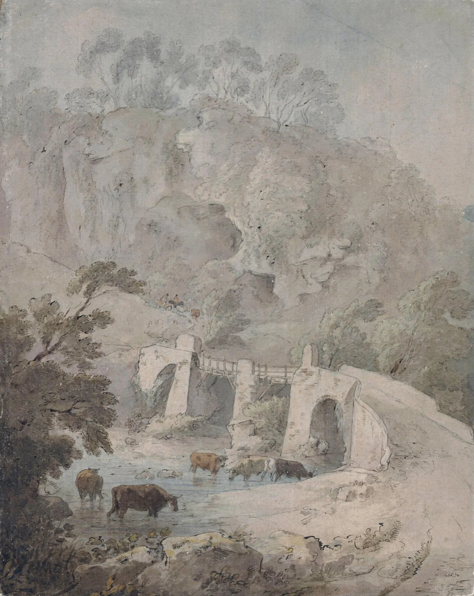 Cattle in a Stream: Bridge and Rocks, detail
