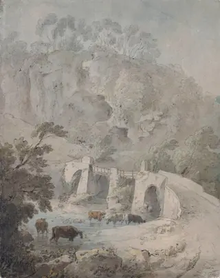 Cattle in a Stream: Bridge and Rocks, by Thomas Gainsborough, watercolor, 1755