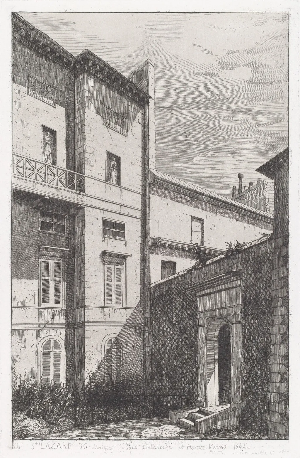 Rue St. Lazare 56, Maison de Paul Delaroche et Horace Vernet, by Adolphe Théodore Jules Martial Potémont, ink, 1842