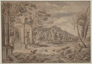 Antique Ruins along a Mountain Coast, by Johann Franciscus Ermels, ink, 1674