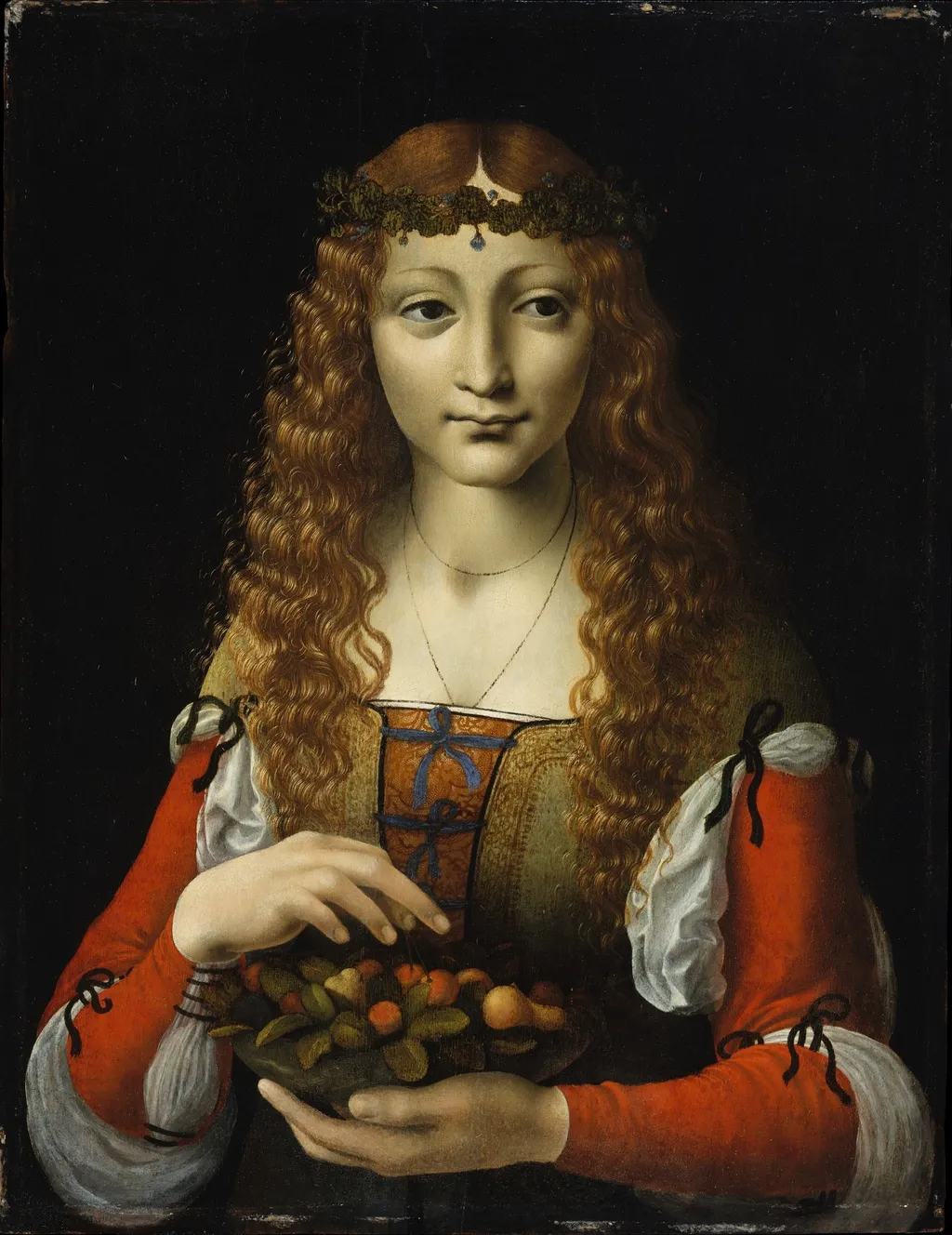 Girl with Cherries, by Marco d'Oggiono, oil, 1496