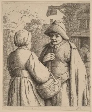 Man and Woman Conversing In Front of an Inn, by Adriaen van Ostade, ink, 1671