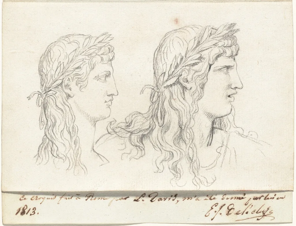 Two Studies of the Head of a Young Man Crowned with a Laurel Wreath, by Jacques-Louis David, chalk, 1778