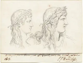 Two Studies of the Head of a Young Man Crowned with a Laurel Wreath, by Jacques-Louis David, chalk, 1778