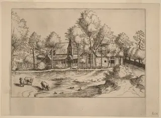 Country Village with Church, by Lucas van Doetechum, ink, 1560