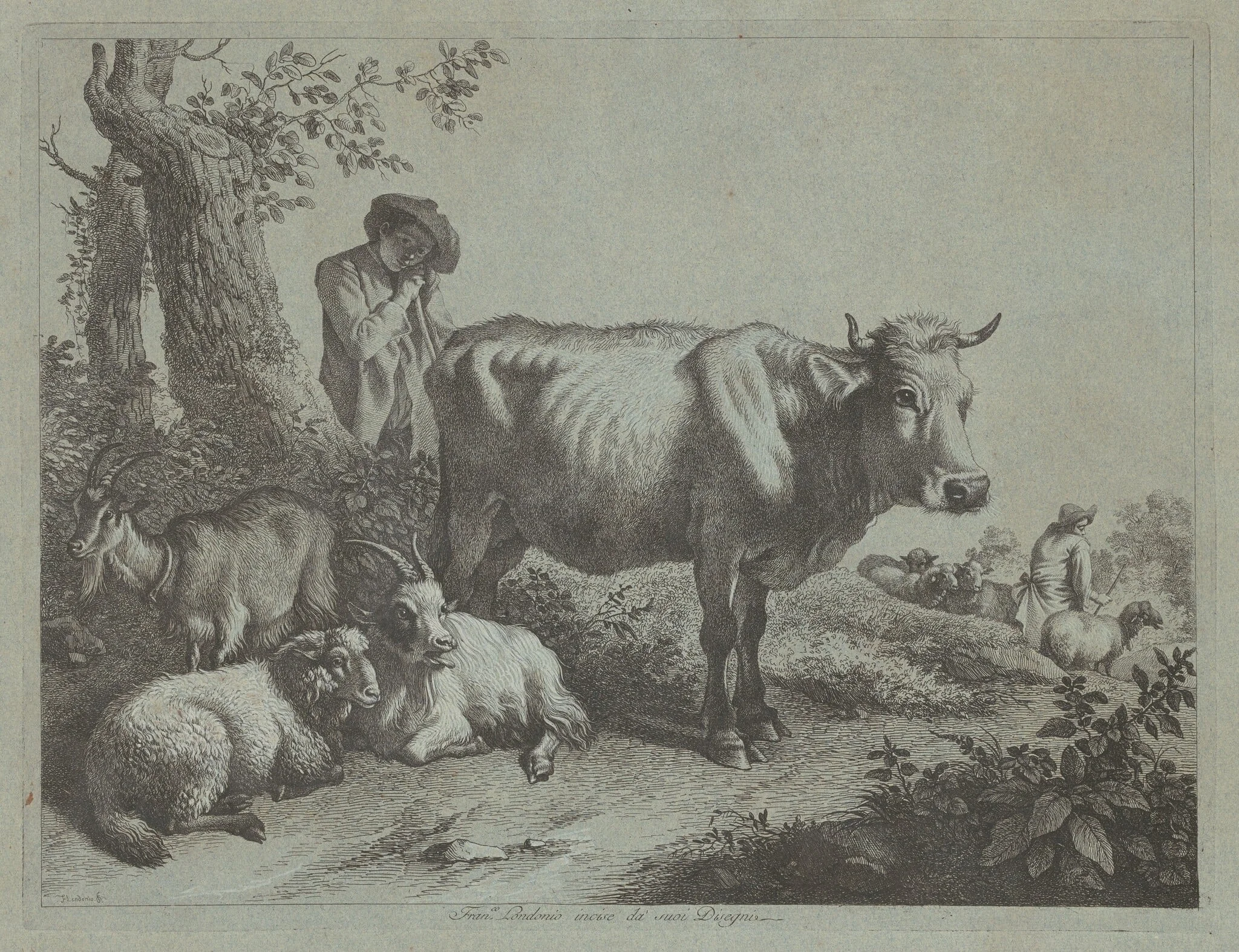 Standing Cow and a Shepherd Boy with Flock, detail