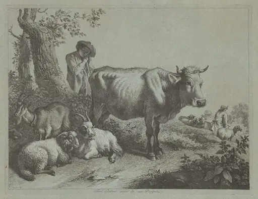 Standing Cow and a Shepherd Boy with Flock, by Francesco Londonio, ink, 1764