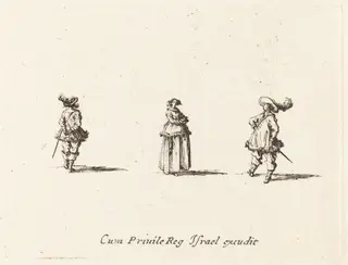Lady with Arms Folded, and Two Gentlemen, by Jacques Callot, ink, 1634