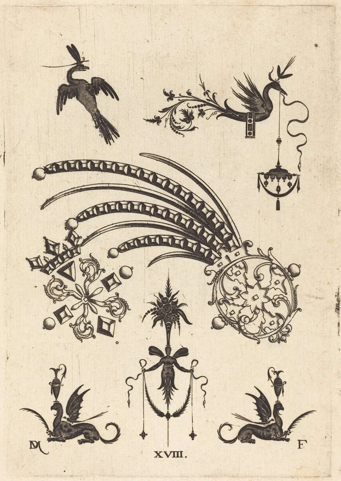 Two Brooches with Bird and Winged Snake at Top and Griffins with Vases at Bottom, detail