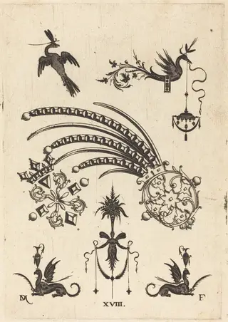 Two Brooches with Bird and Winged Snake at Top and Griffins with Vases at Bottom, by Daniel Mignot, ink, 1596