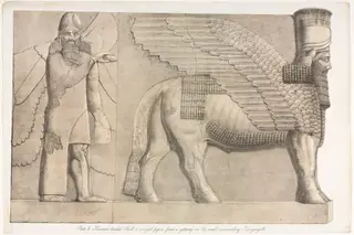 Monuments of Ninevah: Plate 3, Human-headed Bull and Winged Figure from a Gateway in the Wall Surrounding Kouyunjik (Quyunjik), by Austen Henry Layard, 1853