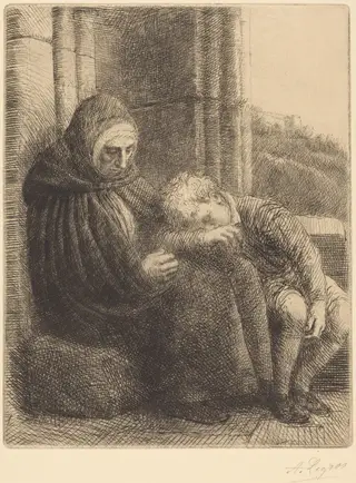 Woman Seated against a Wall, Child with His Head in Her Lap (Femme assise, muraille au fond, enfant la tete dans son giron, by Alphonse Legros, ink, 1874