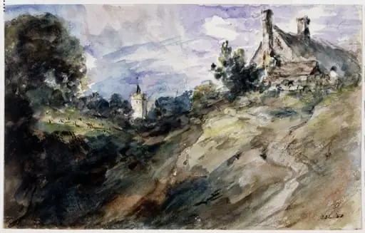 Cottages on a high bank, by John Constable, watercolor, 1834