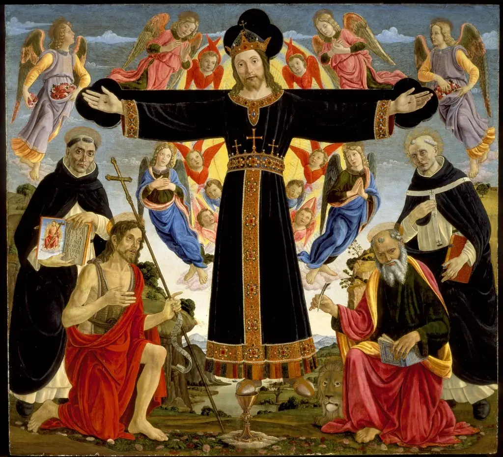 Christ on the Cross with Saints Vincent Ferrer, John the Baptist, Mark and Antoninus, by Master of the Fiesole Epiphany, unspecified, 1496