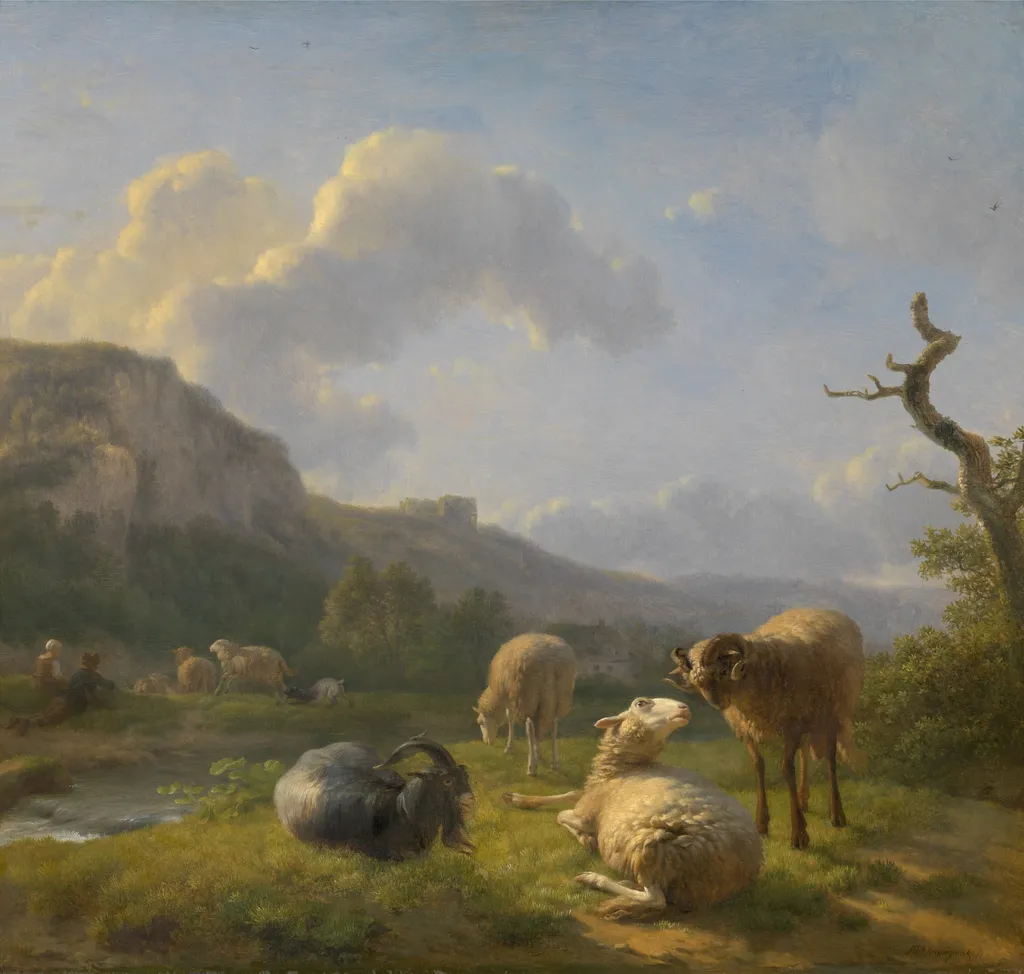 Landscape with Goats and Sheep, by Balthasar Paul Ommeganck, oil, 1800