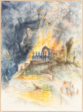 An Ecclesiastic Building in Flames with Demons Above, by Arthur Frederick Payne, graphite, 1866