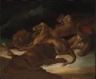 Lions in a Mountainous Landscape, by Théodore Géricault, oil, 1818
