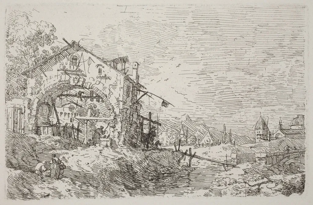 Landscape with a Woman at a Well [lower left], by Canaletto, ink, 1740