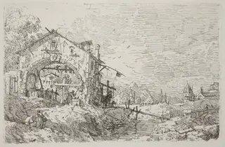 Landscape with a Woman at a Well [lower left], by Canaletto, ink, 1740