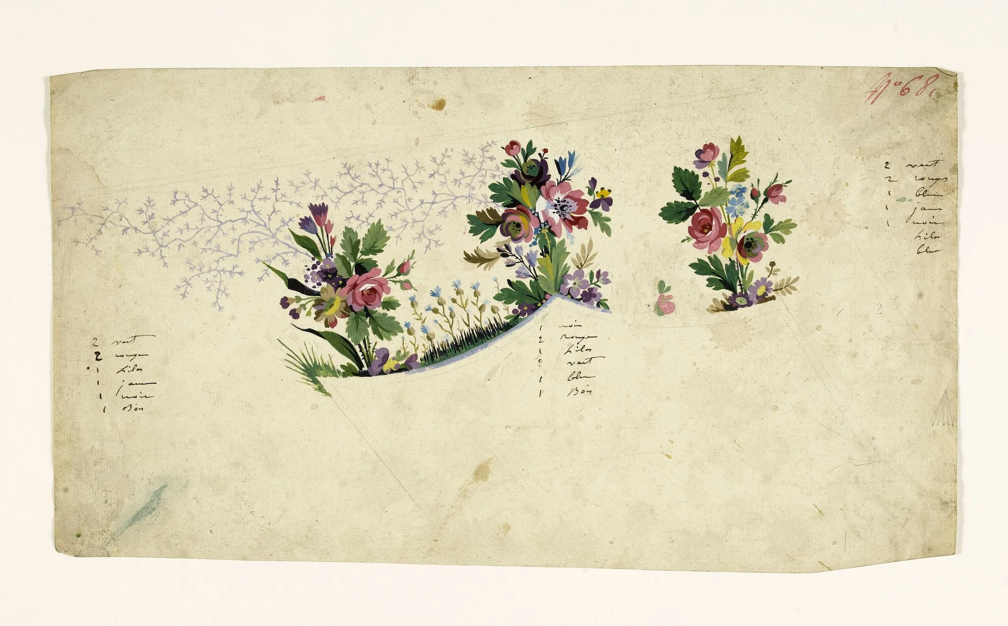 Composition florale en bouquets et bandes de gazon, projets de broderies de gilet, XVIIIème siècle, detail