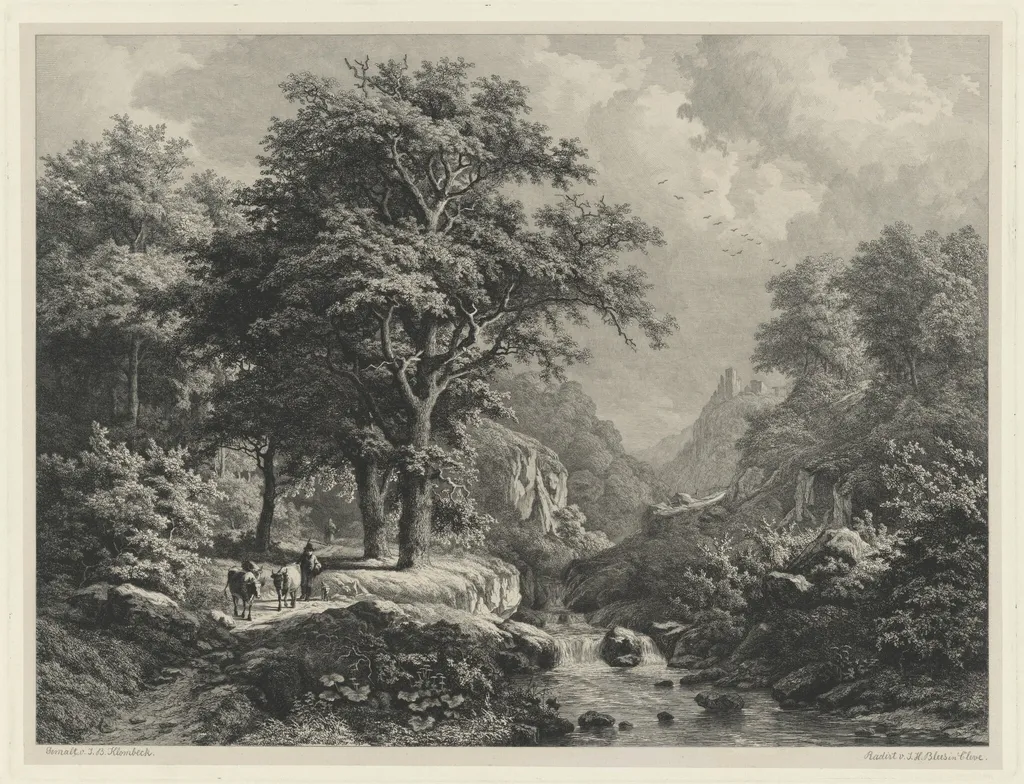 Mountainous Landscape with a Brook, by Joseph Hubert Blees, ink, 1864