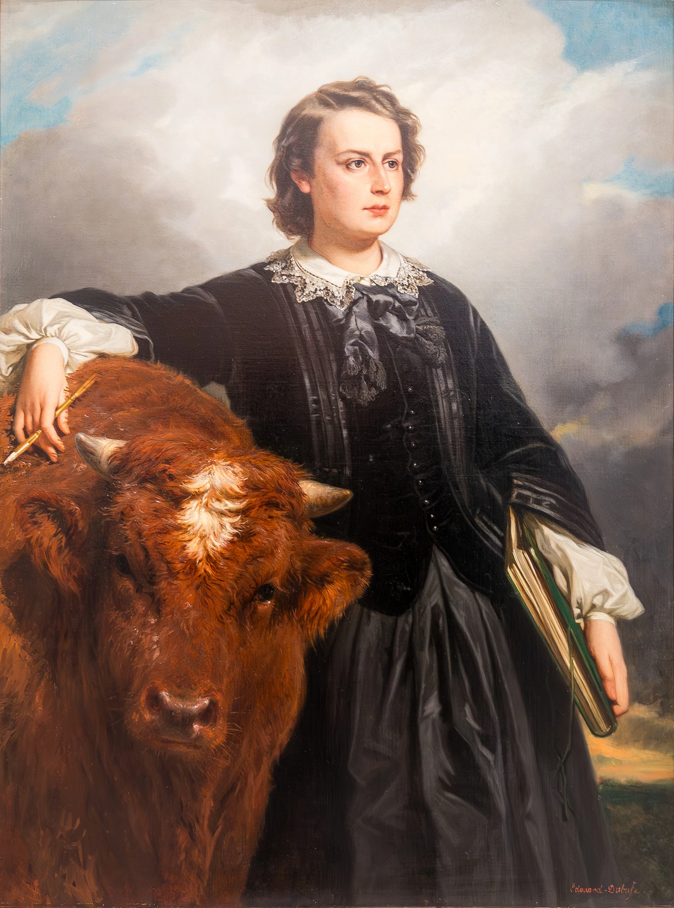 Portrait de peintre Rosa Bonheur aux côtés d'un bovidé, detail