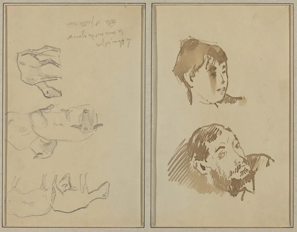 Five Sheep; Head of a Woman and Head of a Bearded Man [recto], by Paul Gauguin, ink, 1886