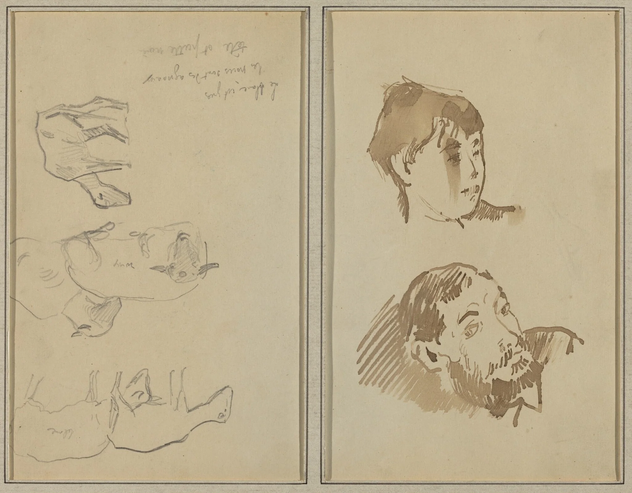Five Sheep; Head of a Woman and Head of a Bearded Man [recto], detail