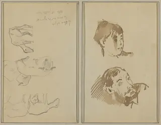 Five Sheep; Head of a Woman and Head of a Bearded Man [recto], by Paul Gauguin, ink, 1886
