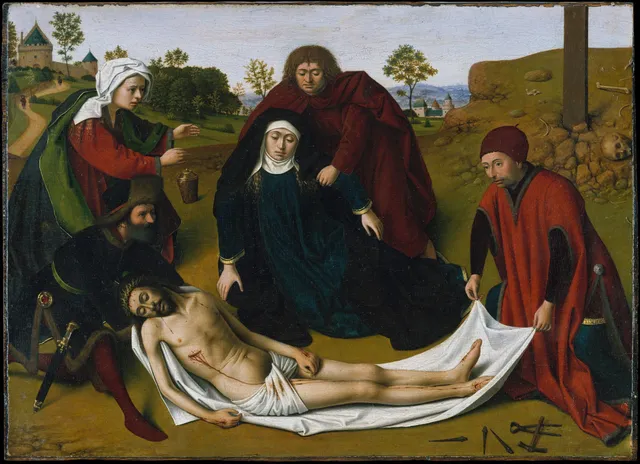 Petrus Christus, The Lamentation. Grief staged as arrangement: the mourners are spaced across a shallow green stage under a low horizon.