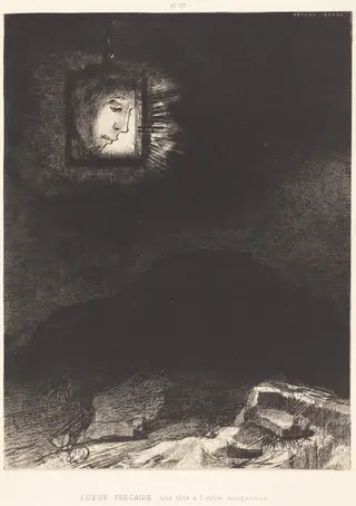 Lueur precaire, une tete a l'infini suspendue(Precarious glimmering, a head suspended, by Odilon Redon, ink, 1891