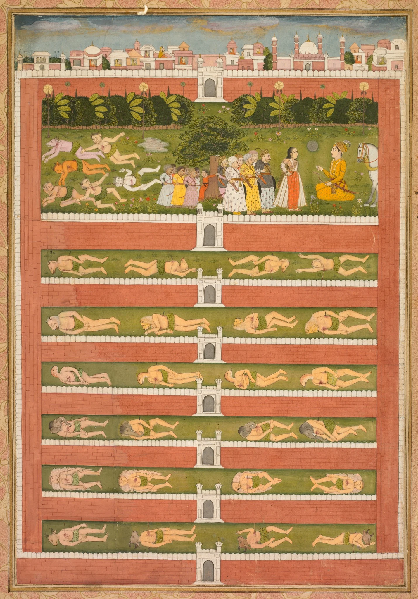 A Princess and Demons before a Nobleman: A Leaf from a Poetical Romance Relating to Shah Alam I (recto); Stenciled Scenes of Lion and Gazelle (verso), detail