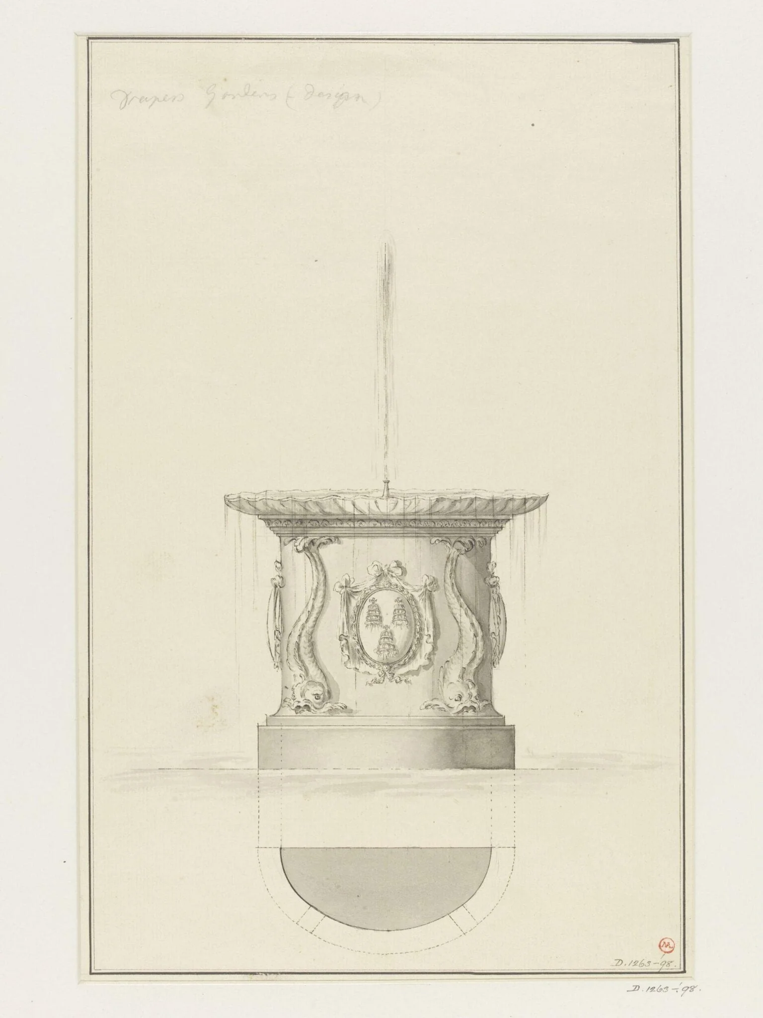 Drawing of fountain in Draper's Gardens, detail
