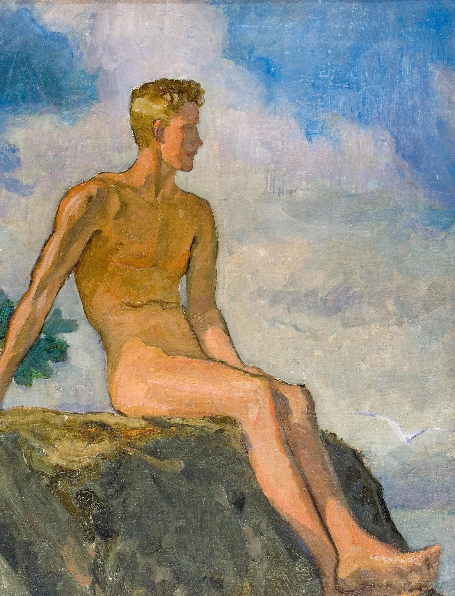 Kalliolla istuva mies, detail