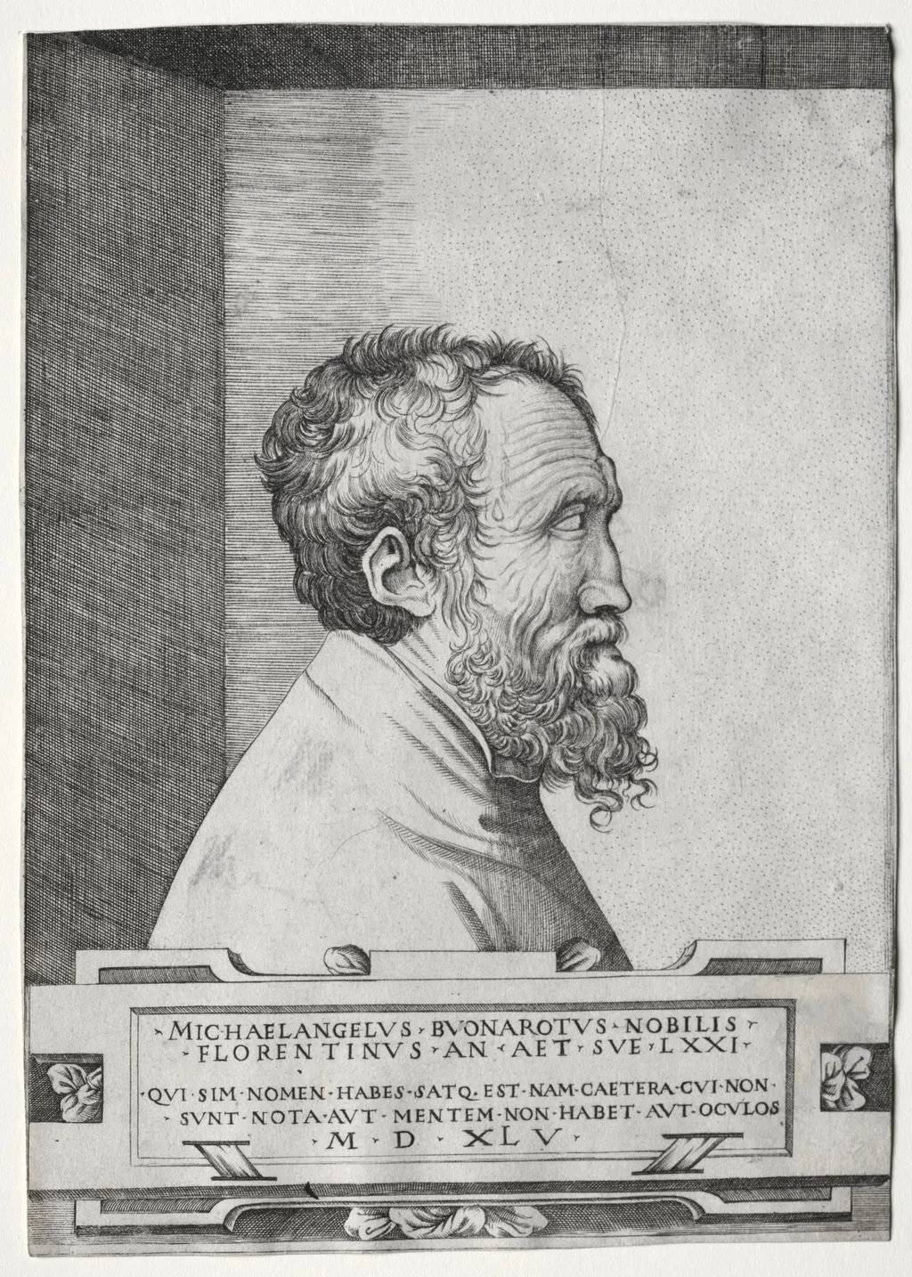 Portrait of Michelangelo in profile facing right, by Giulio Bonasone, 1550