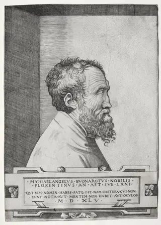 Portrait of Michelangelo in profile facing right, by Giulio Bonasone, 1550