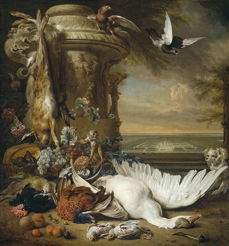 Still Life with Dead Game and Fruit beside a Garden Vase, with a Monkey, a Dog and Two Pigeons; in the Background Rijksdorp near Wassenaar, the Estate of Jonkheer Jacob Emmery, Baron of Wassenaar, detail